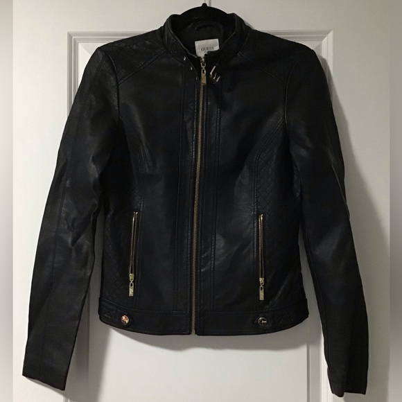 Black with Golden Detailed Leather Jacket - Picture 1 of 4